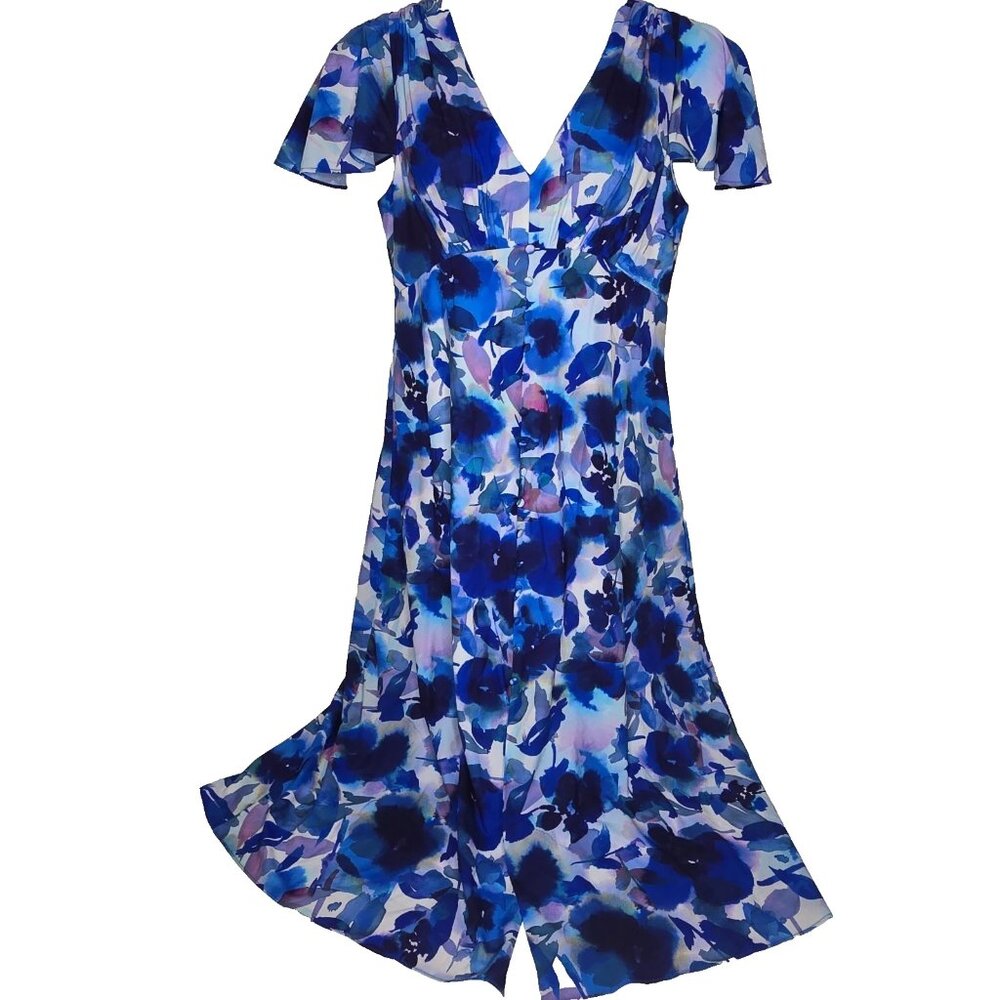 Adrianna Papell Womens Dress 12 Babydoll V-Neck Watercolor Blue Long Button